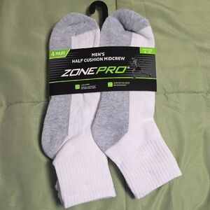 Zone Pro Men's Half Cushion White Mid Crew Socks, Size 6-12, 4 pk